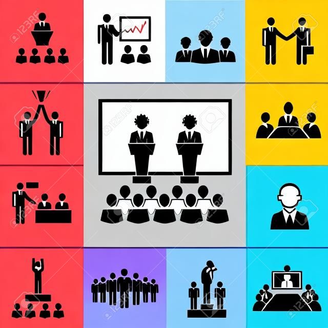 Vector silhouette business conference and presentation icons, meeting people