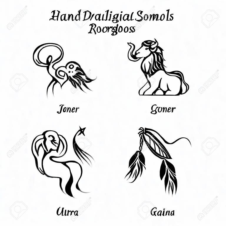 Hand getekende astrologische dierenriem symbolen of horoscoop tekens