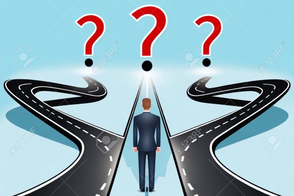 Geschäftsmann vor Frage mit Straßen. Crossroad und Dilemma, wählen Sie drei, Auswahl und Kreuzung, Vektor-Illustration