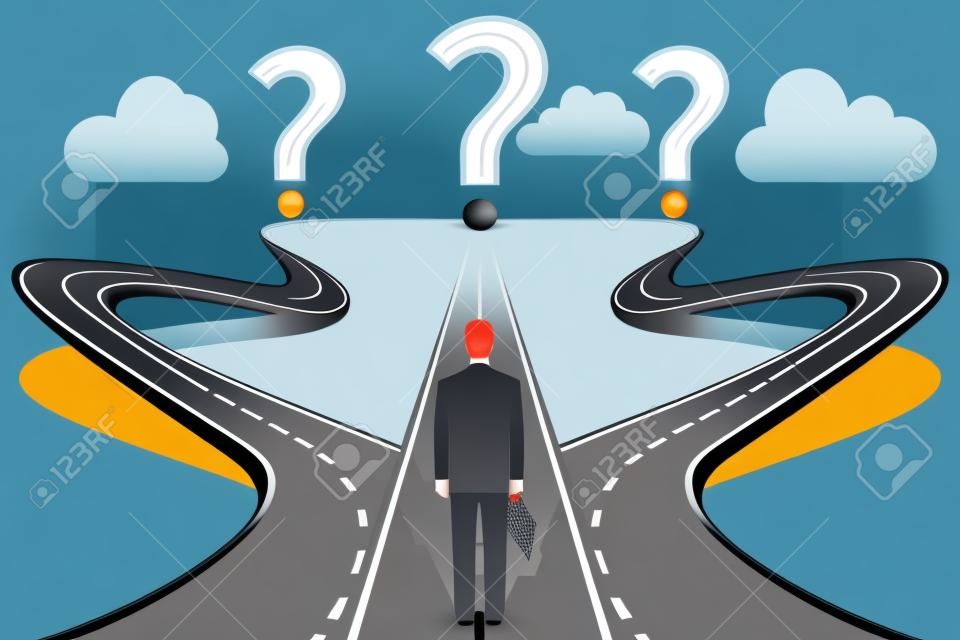 Geschäftsmann vor Frage mit Straßen. Crossroad und Dilemma, wählen Sie drei, Auswahl und Kreuzung, Vektor-Illustration