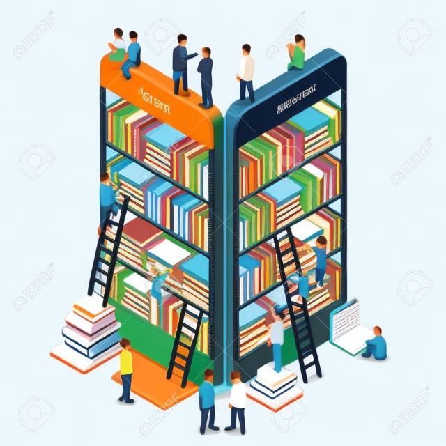 Isometric online mobile library vector flat concept. E-books 3d illustration with micro people