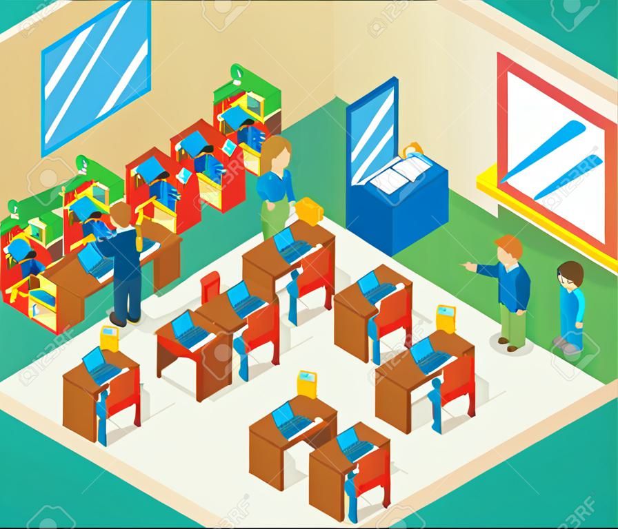 Education and school class isometric 3d concept. Bookshelf and teacher, pupil and isometric people, classroom and children, vector illustration
