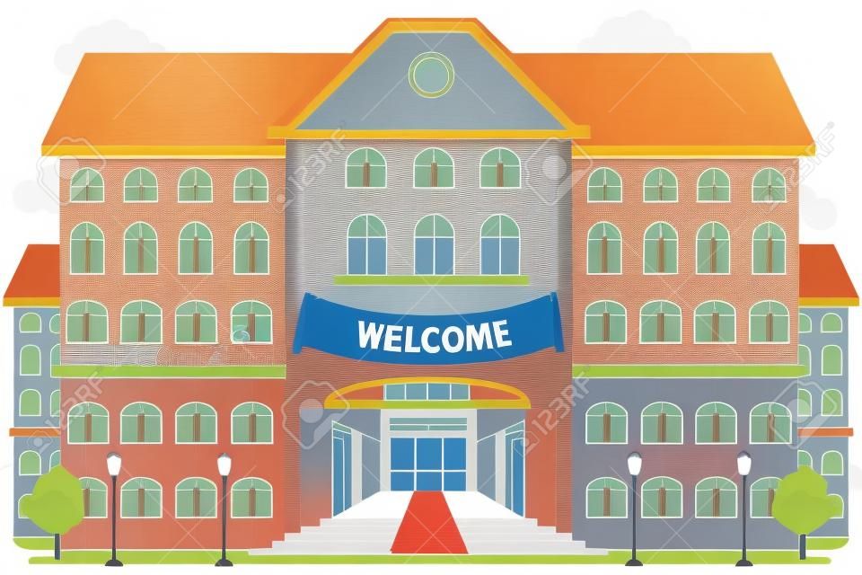 Welcome to high school. University study, architecture construction building, exterior and front, vector illustration