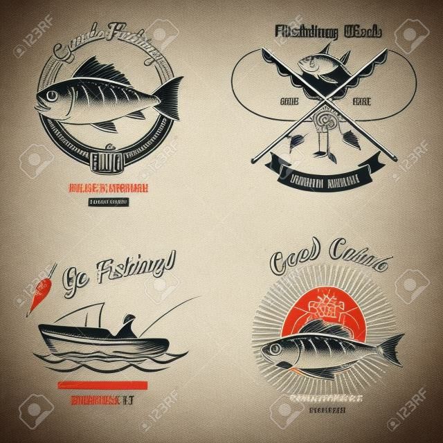 logo pesca e emblemi set vettoriale vintage. Timbro e pesce, segno e adesivo, alimenti per animali, illustrazione vettoriale