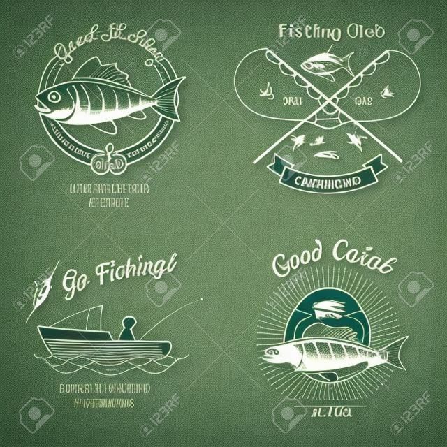 Angeln Logo und Embleme Vintage-Vektor-Set. Stempel und Fisch, Zeichen und Aufkleber, Lebensmittel Tier, Vektor-Illustration