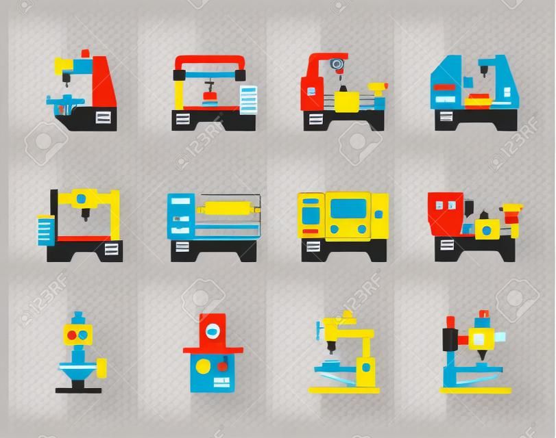 Conjunto de ícones planos de unidades e máquinas transportadoras. Trabalho da indústria, produção de fábrica, ilustração vetorial