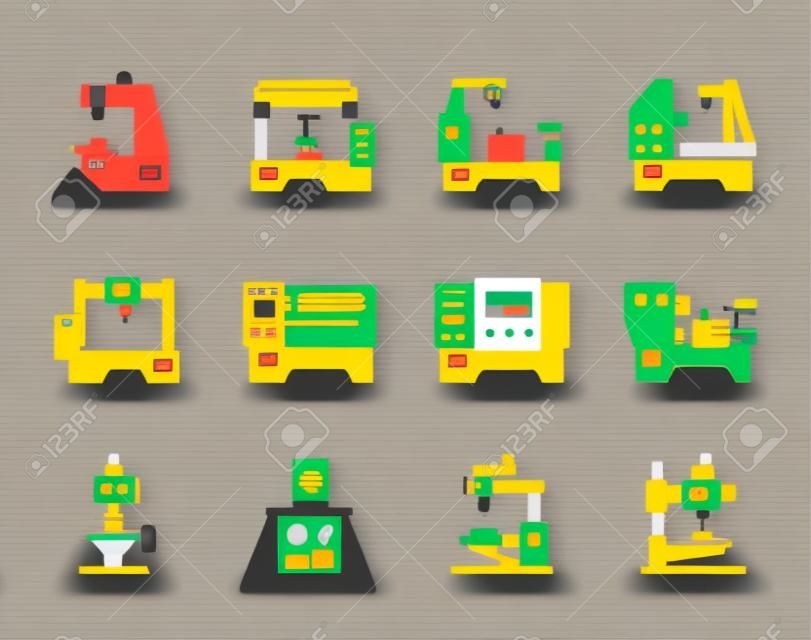 Conjunto de ícones planos de unidades e máquinas transportadoras. Trabalho da indústria, produção de fábrica, ilustração vetorial