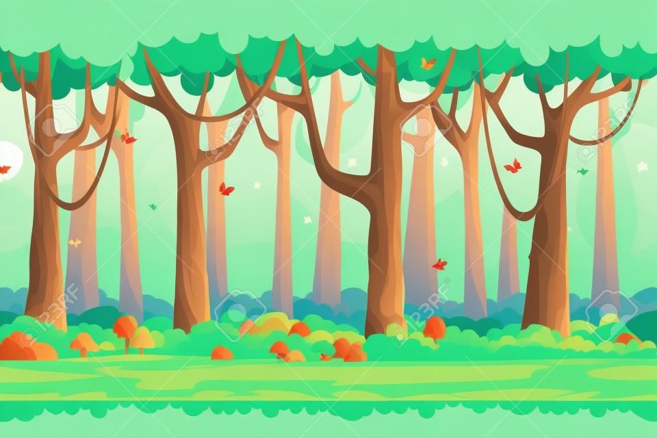 만화 숲 풍경, 컴퓨터 게임에 대한 끝없는 벡터 자연 배경입니다. 자연 나무, 야외 식물, 녹색, 자연 환경의 나무 그림
