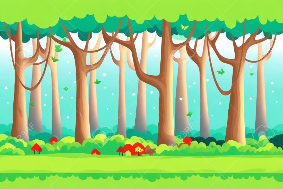 Cartoon forest landscape, endless vector nature background for computer games. Nature tree, outdoor plant green, natural environment wood illustration