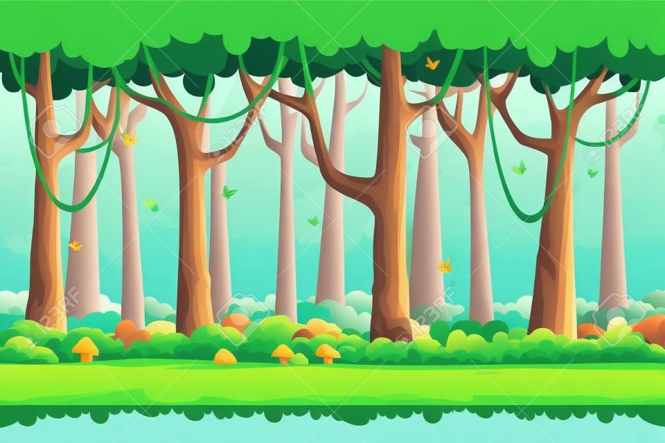 Paisagem da floresta dos desenhos animados, fundo infinito da natureza do vetor para jogos de computador. Árvore da natureza, planta ao ar livre verde, ilustração de madeira do ambiente natural