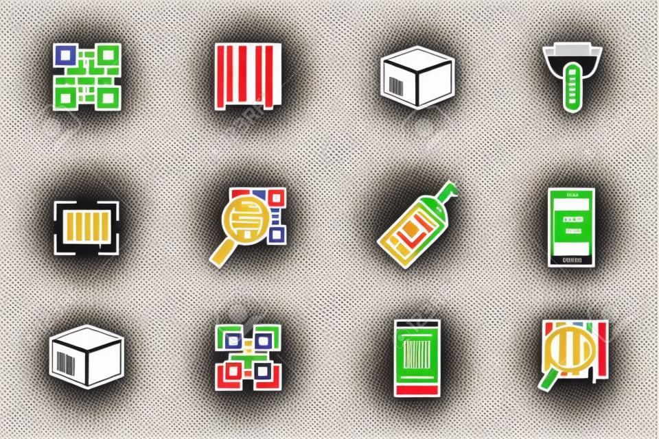 QR code and Bar code icons set. Scan coding, sticker identification. Vector illustration