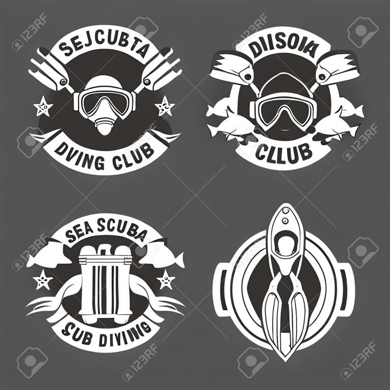 Búvárkodás klub címkék beállítva. Víz alatti úszó ikonra. Sea merülés cápa és szigonyos, vektoros illusztráció