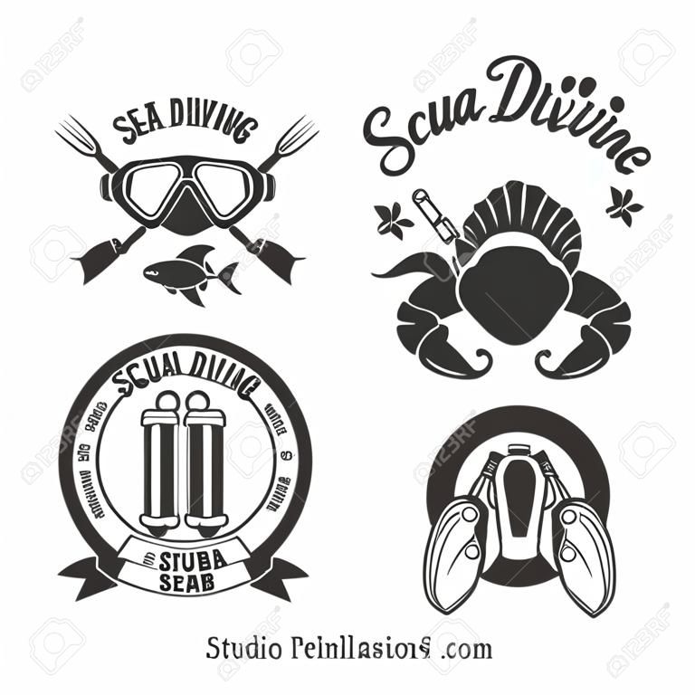 Scuba diving club labels set. Underwater swimming icon. Sea dive, shark and spearfishing, vector illustration