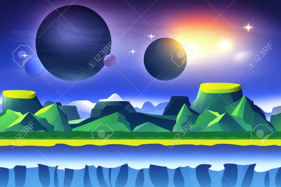 Cartoon sci-fi  game vector seamless background. Alien planet landscape. Mountain and crater, visualization fantasy, nature view graphic illustration