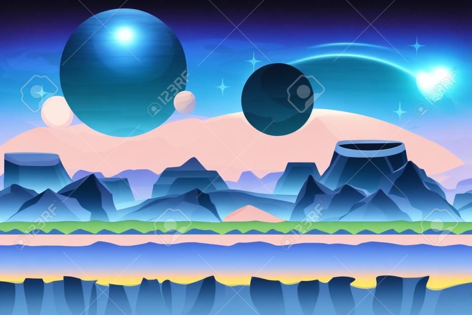 만화 공상 과학 게임 벡터 원활한 배경입니다. 외계 행성 풍경입니다. 산과 분화구, 시각화 판타지, 자연 그래픽 그림을 볼 수