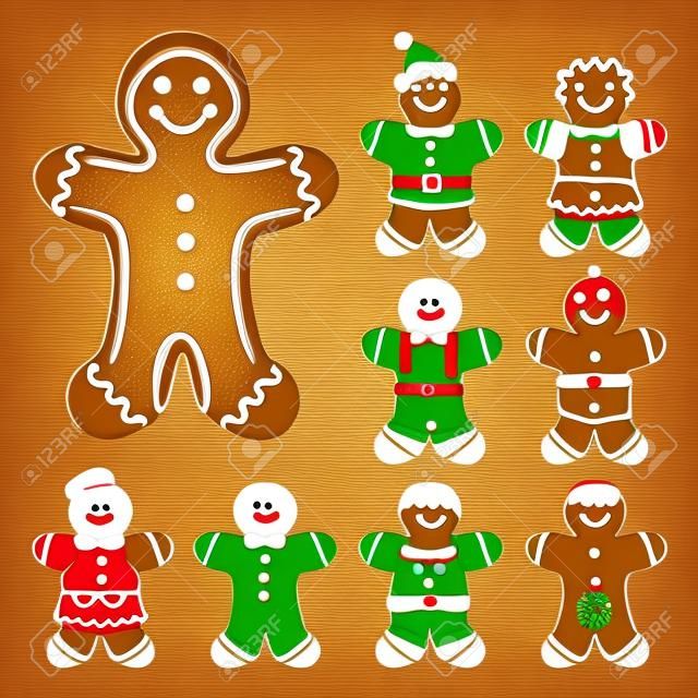 ジンジャーブレッド人。クリスマス クッキー、甘い食べ物、伝統的なビスケット、ベクトル イラスト