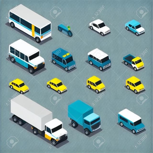 Transport et de camions de la ville isométrique icônes vectorielles. Voitures, minibus, bus, jeep, voiture de police, taxi, ambulance 3d jeu. Transport illustration, la conception des véhicules