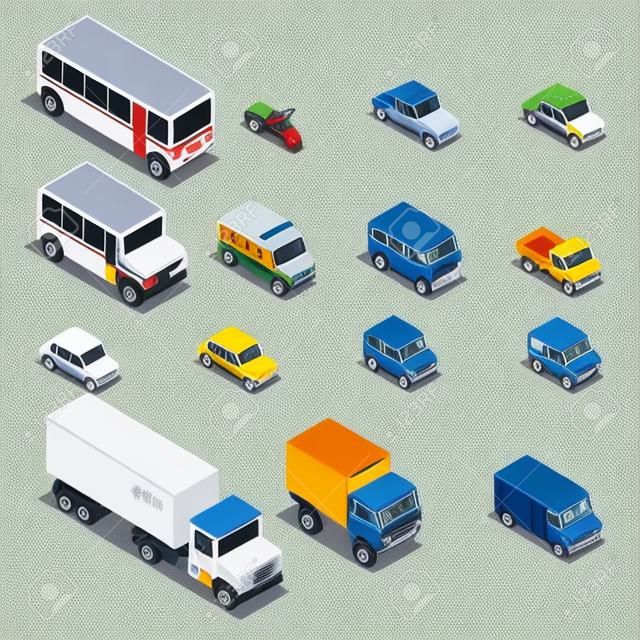 아이소 메트릭 도시 교통 및 트럭 벡터 아이콘입니다. 자동차, 미니 버스, 버스, 지프, 경찰차, 택시, 구급차 3D 세트. 운송 그림, 차량 디자인