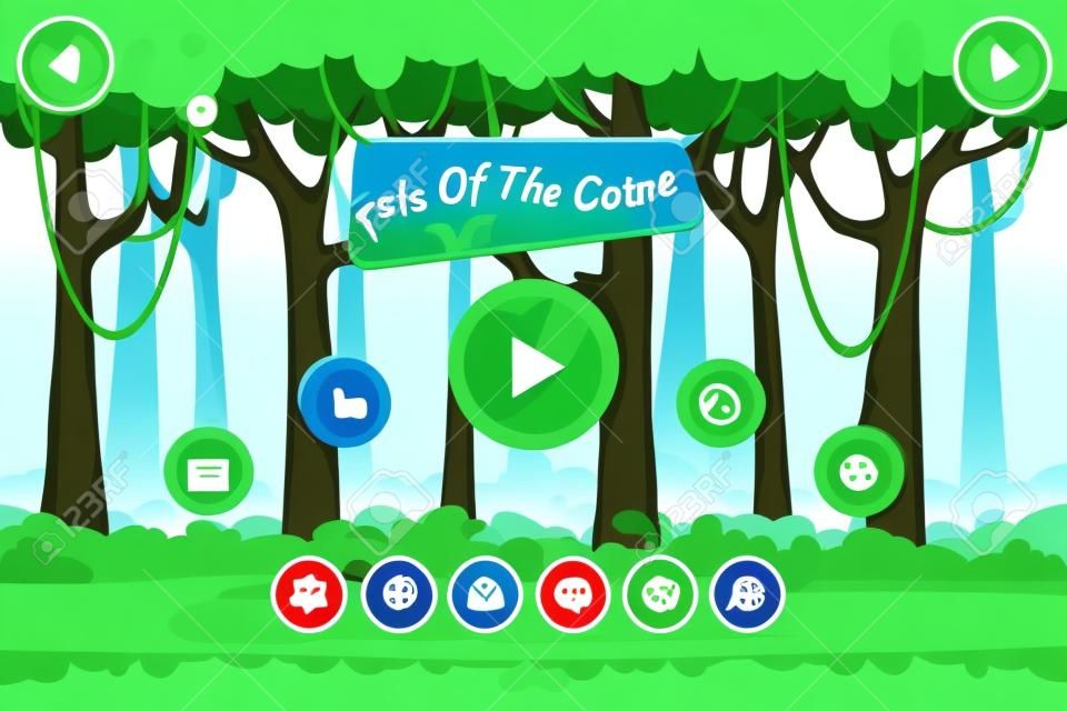 Cartoon game user interface with control elements, buttons, status bar and icons on seamless forest landscape. Tree and forest, plant green natural. Vector illustration