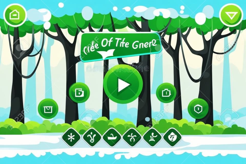 Cartoon game user interface with control elements, buttons, status bar and icons on seamless forest landscape. Tree and forest, plant green natural. Vector illustration