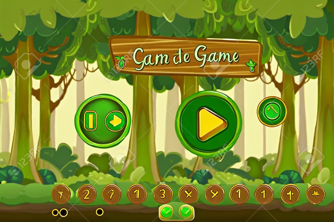 Cartoon gry interfejs użytkownika z elementów sterujących, przycisków paska stanu i ikon na bezproblemową leśnego krajobrazu. Drzewa i las, rośliny zielone naturalne. ilustracji wektorowych