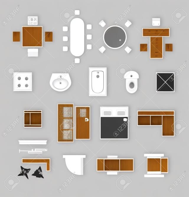 家具線型符號。平面圖圖標集。內飾和衛生間，洗臉盆和浴缸，桌子和椅子插圖