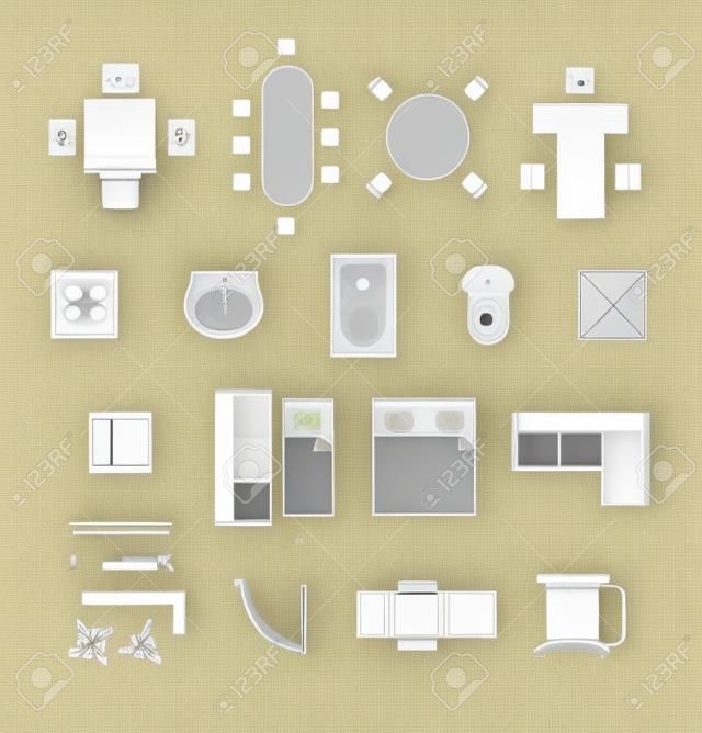 家具線型符號。平面圖圖標集。內飾和衛生間，洗臉盆和浴缸，桌子和椅子插圖