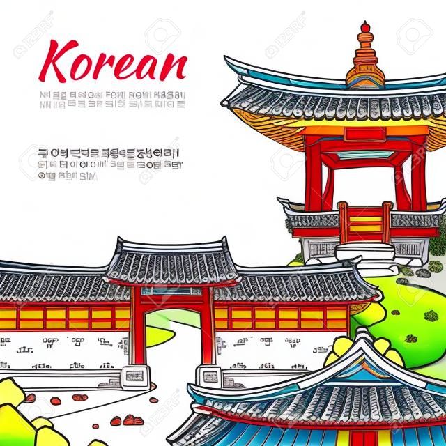 Fondo con la arquitectura coreana de las casas tradicionales. ilustración en estilo dibujado a mano. Calle tradicional casa, asia, pueblo o ciudad o pueblo la cultura asiática