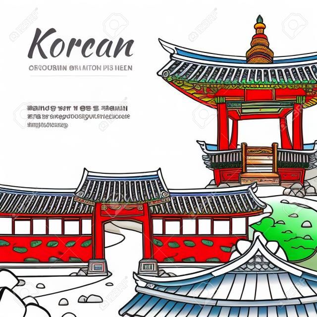 Sfondo con l'architettura coreana di case tradizionali. illustrazione in stile disegnato a mano. Strada tradizionale casa, asia, paese o città o paese cultura asiatica