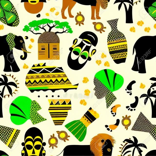 非洲無縫模式。猴麵包樹和民族部落面具，原住民和跟踪，動物和植物，大象和獅子，矢量插圖
