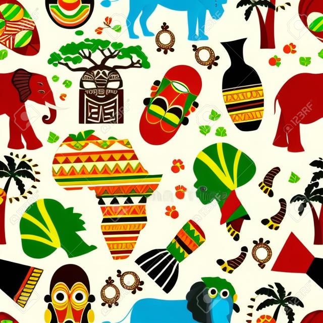 Africa seamless pattern. Baobab and nationality tribe mask, aborigine and track, fauna and flora, elephant and lion, vector illustration
