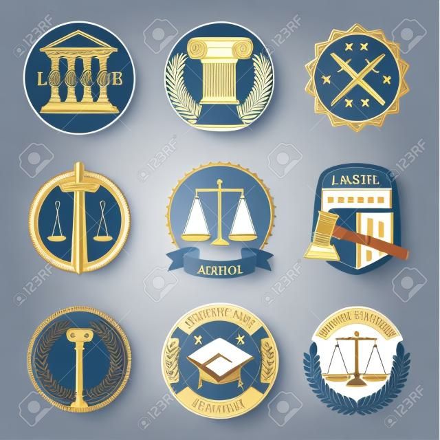 Kancelaria wektor logo ustawione. Szablony etykiet kancelarii prawniczej. Firma sprawiedliwości, prokurator ilustracji