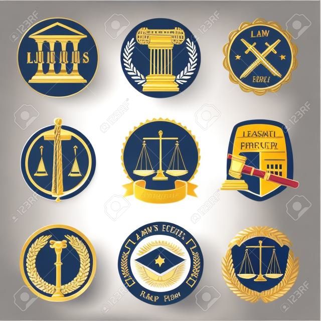 Юридическое бюро логотип векторный набор. Шаблоны этикеток юридической фирмы. Компания правосудие, адвокат иллюстрация