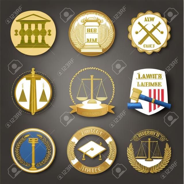 법률 사무소 로고 벡터를 설정합니다. 법률 사무소 레이블 템플릿. 회사의 정의, 변호사 그림