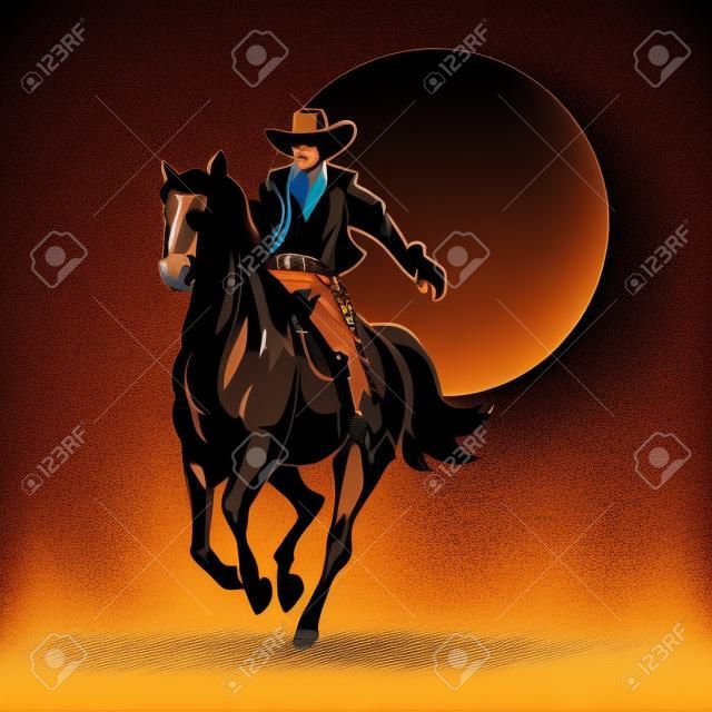 Selvaggio eroe west, cowboy a cavallo silhouette al tramonto. Mustang e persona all'aperto, illustrazione vettoriale cavallo