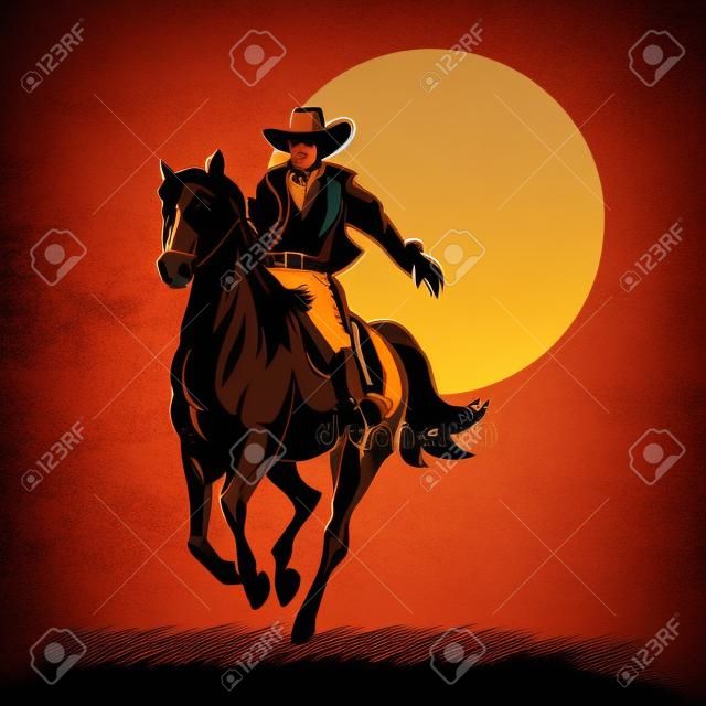 Wild west held, cowboy silhouet paardrijden bij zonsondergang. Mustang en persoon buiten, paard vector illustratie