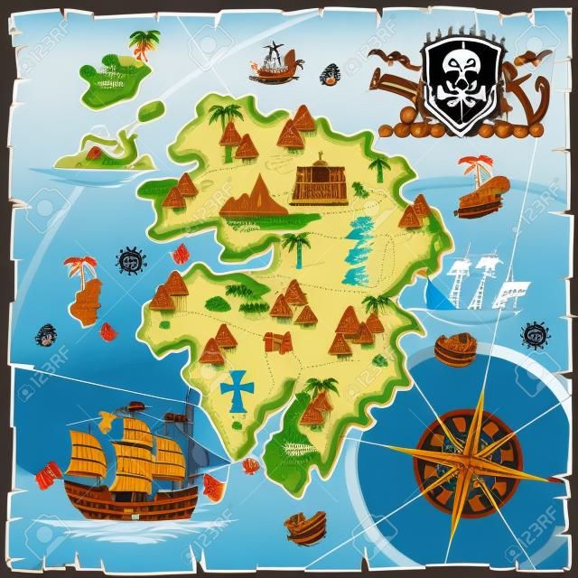 Mapa vetorial da ilha do tesouro pirata. Navio marítimo, oceano de aventura, crânio e papel, arte de navegação e ilustração de canhão