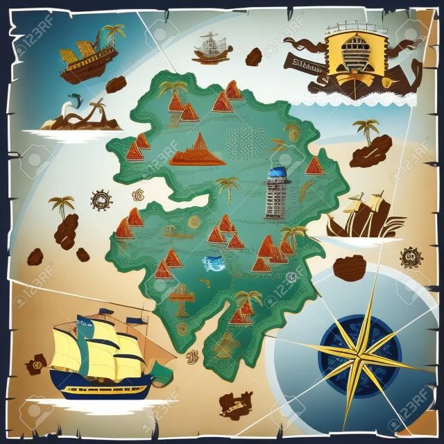 Trésor de pirate vecteur de plan de l'île. Navire de Sea, aventure océan, le crâne et le papier, l'art de la navigation et de canons illustration