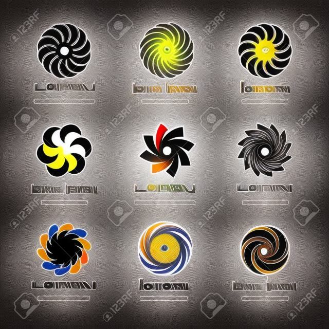 漩涡或龙卷风的符号标识向量集螺旋和涡流元件抽象符号的漩涡和商业元素的标识说明