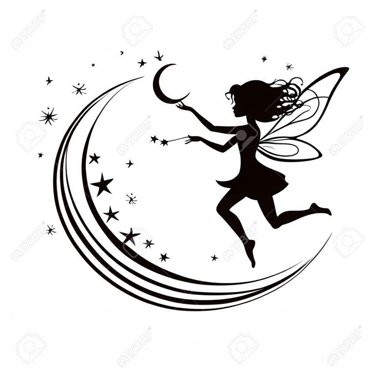 Silhouette tündér a hold és a csillagok. Lány mágikus szépség fantasy, vektoros illusztráció