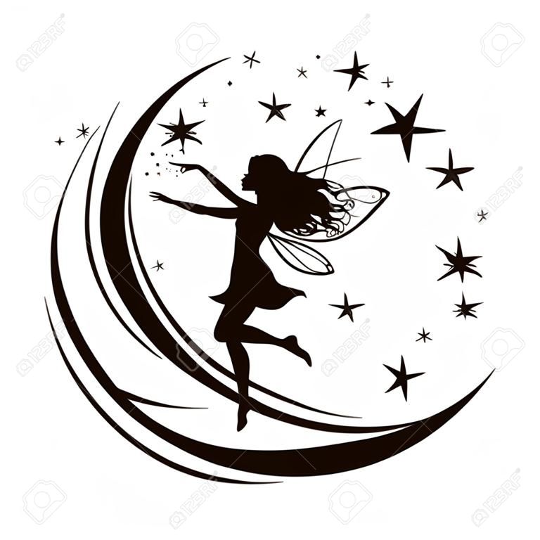 Silhouette di fata con la luna e le stelle. Ragazza magica bellezza fantasia, illustrazione vettoriale