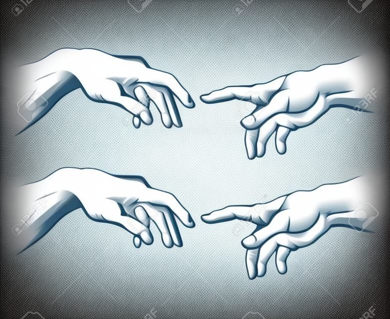 Adam hand and hand of God like creation. Hope and help, assistance and support religion, vector illustration