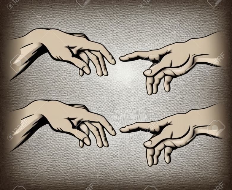 Adam hand and hand of God like creation. Hope and help, assistance and support religion, vector illustration