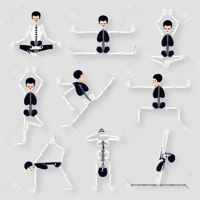 Conjunto de esqueletos de Kung fu e ioga. Anatomia da pose humana, quadrinhos do corpo, aptidão saudável, ilustração vetorial