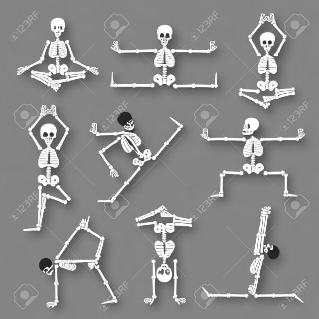 Kungfu en yoga skeletten set. Menselijke pose anatomie, lichaamsstrip, gezonde fitness, vector illustratie