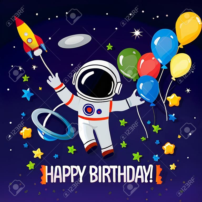 Aranyos űrhajós a világűrben. Gratuláció boldog születésnapot. Vektor illusztráció háttér