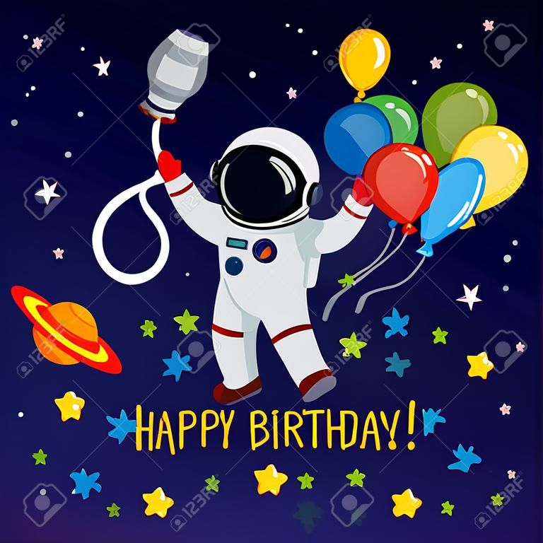 우주 공간에서 귀여운 우주 비행사입니다. 축 하 행복 한 생일입니다. 벡터 일러스트 레이 션 배경