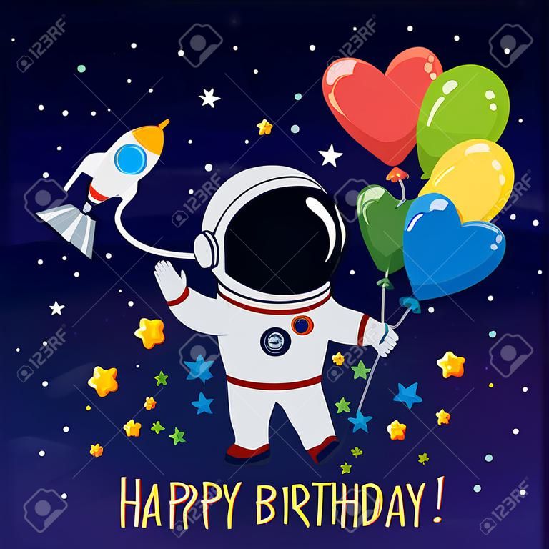 우주 공간에서 귀여운 우주 비행사입니다. 축 하 행복 한 생일입니다. 벡터 일러스트 레이 션 배경