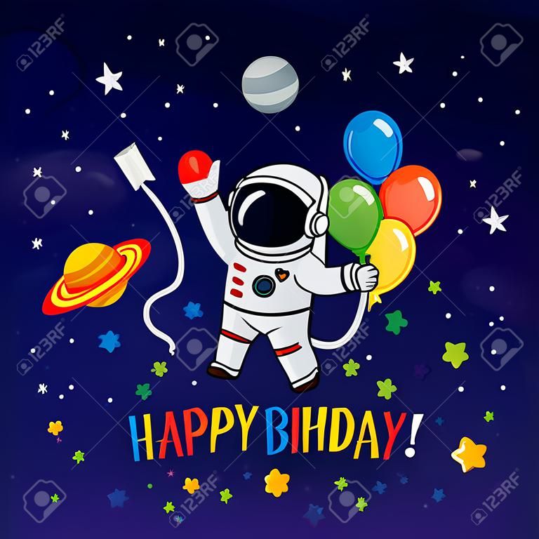 可爱的太空人祝贺生日快乐矢量插画背景