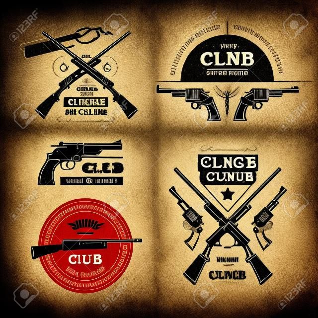 Vintage-Gun Club Etiketten, Logos, Embleme festgelegt. Abzeichen und Pistole, Waffe Gewehr, Vektor-Illustration